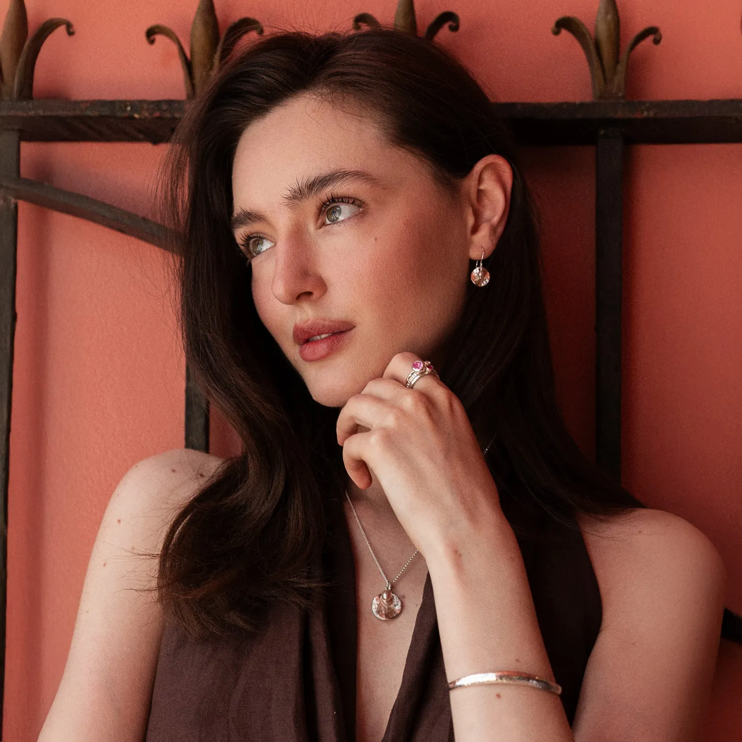 Hammered Disc & Pink Freshwater Nomad Pearl Earrings sold by Dower & Hall product image thumbnail 4