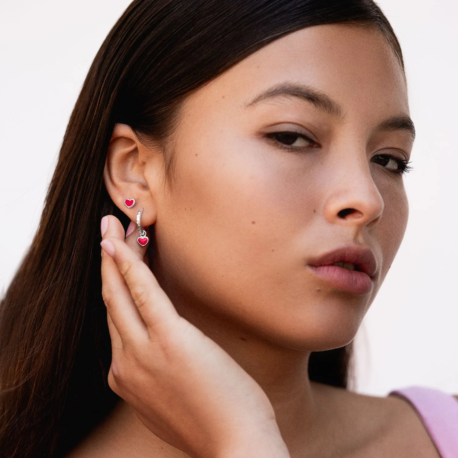 Red Enamel Narrative Heart Huggie Hoops sold by Dower & Hall product image thumbnail 3