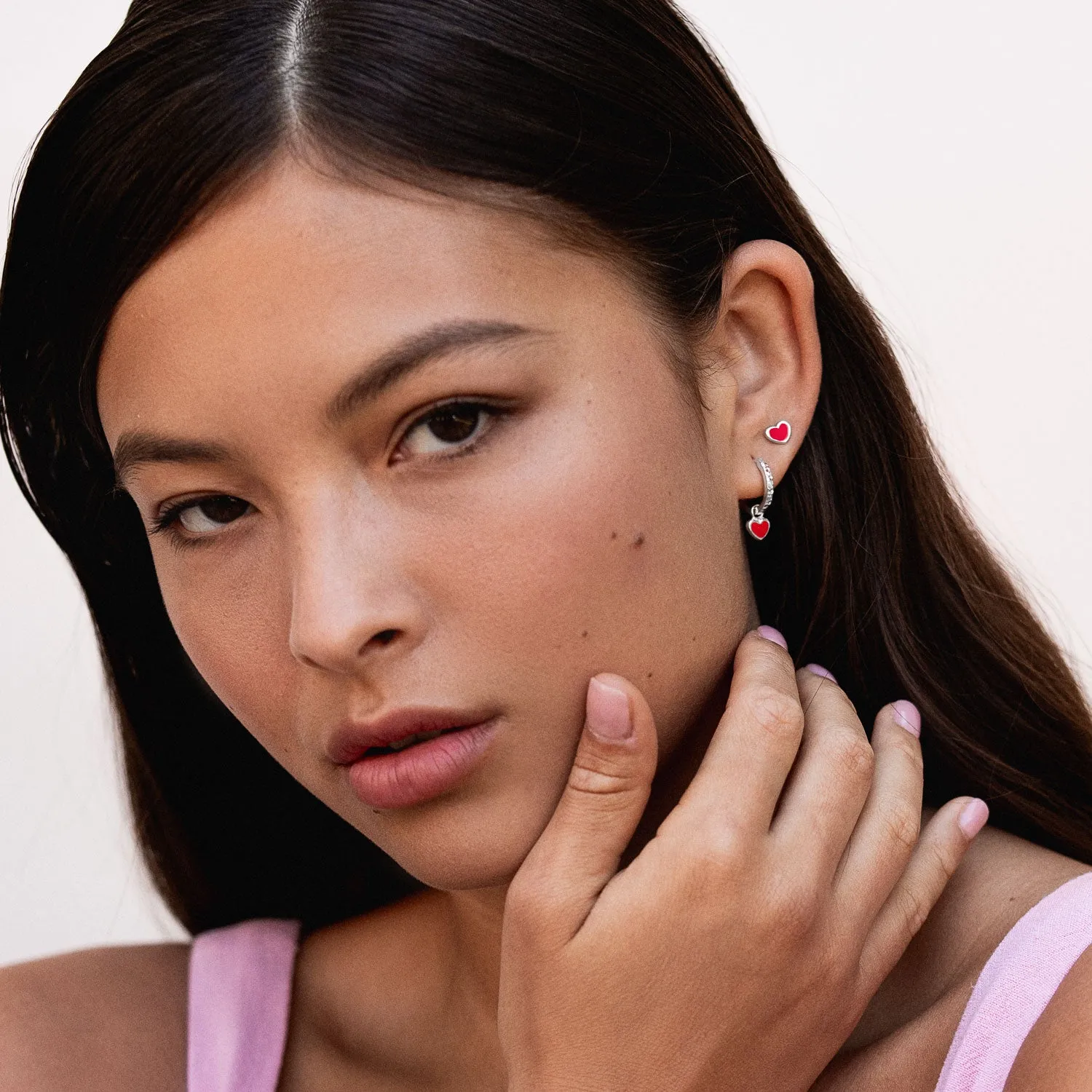 Red Enamel Narrative Heart Huggie Hoops sold by Dower & Hall product image thumbnail 4