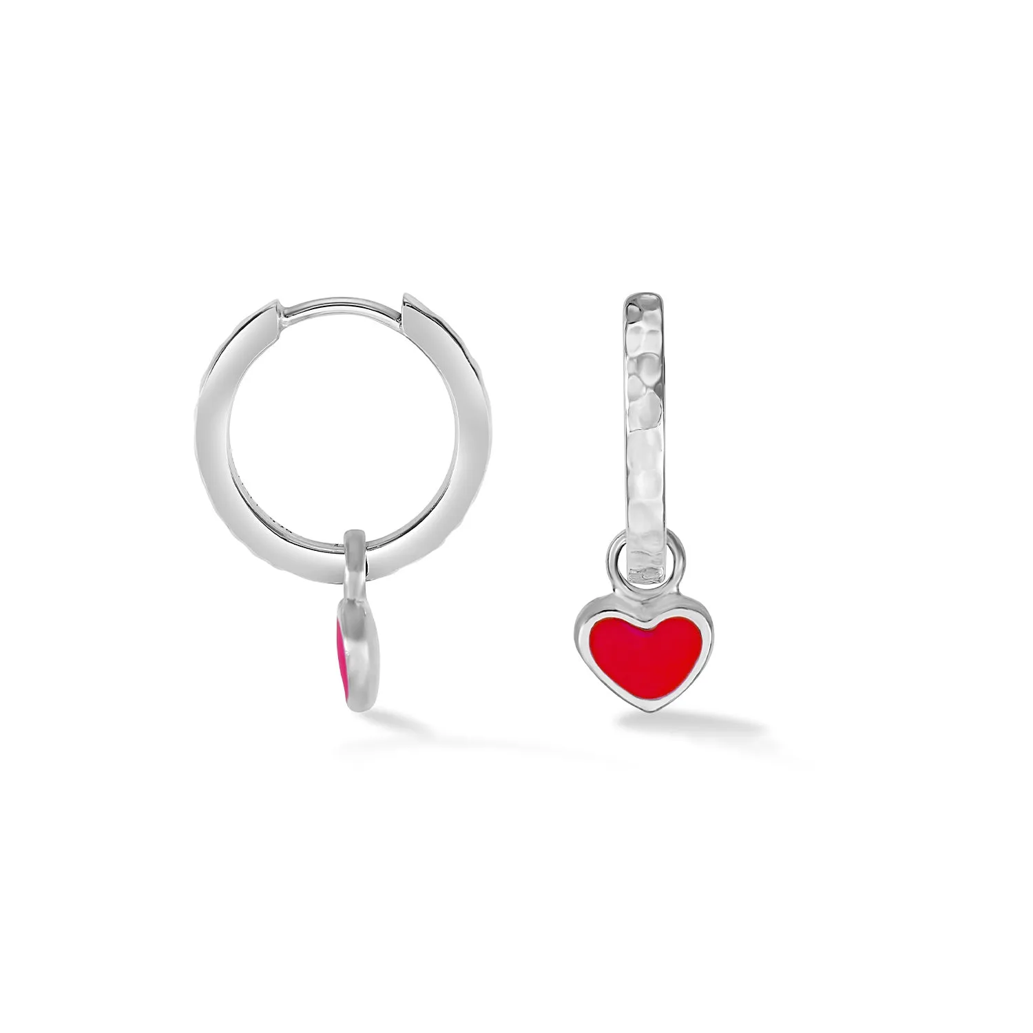 Red Enamel Narrative Heart Huggie Hoops sold by Dower & Hall