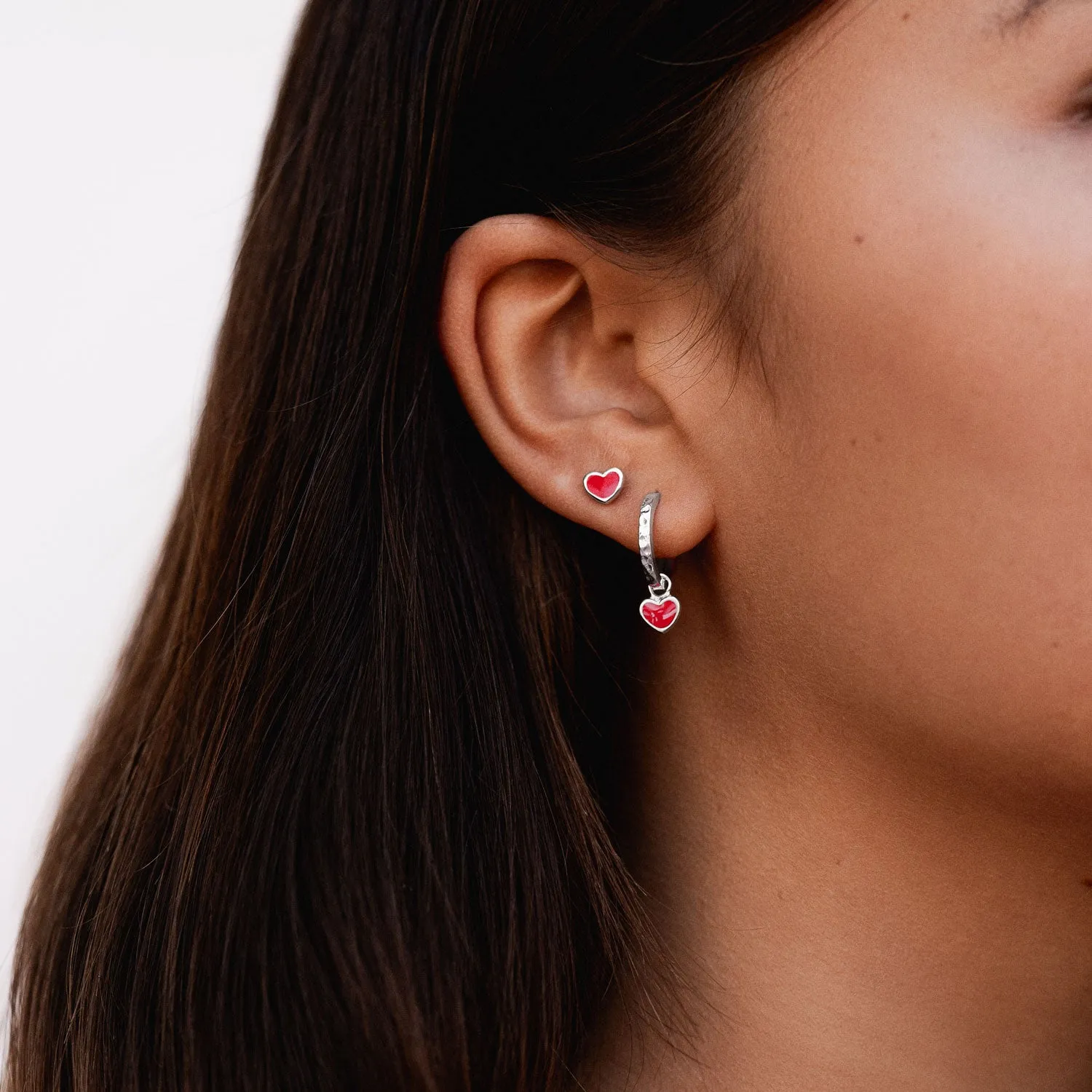 Red Enamel Narrative Heart Huggie Hoops sold by Dower & Hall product image thumbnail 2