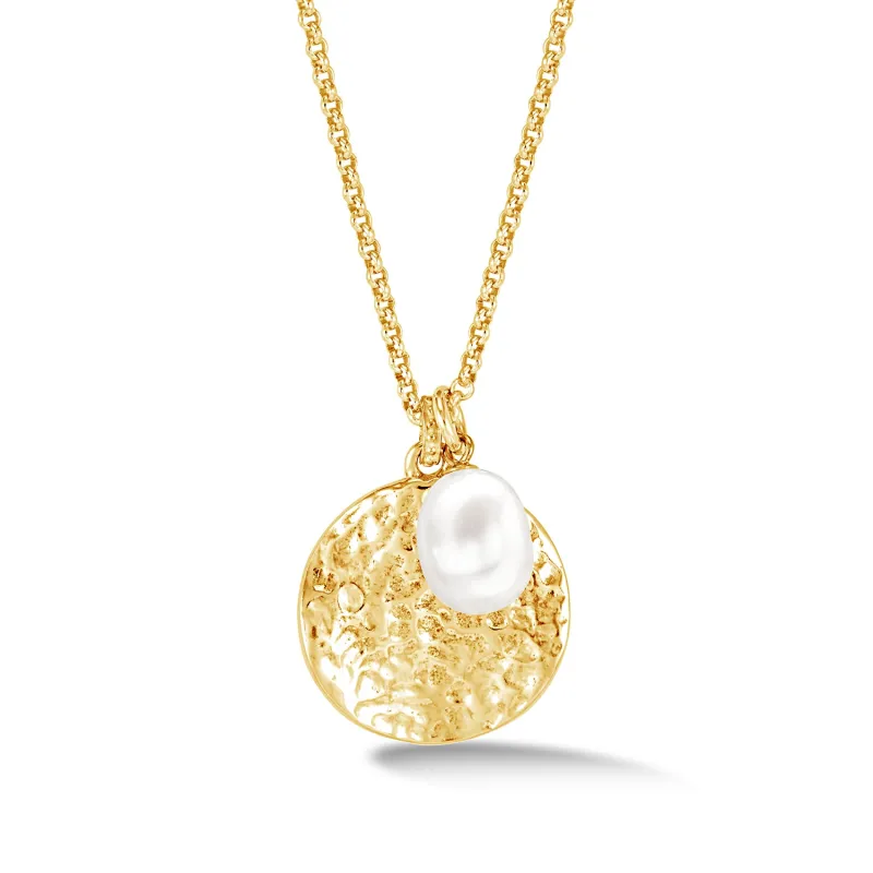Hammered Disc & White Freshwater Pearl Nomad Pendant sold by Dower & Hall