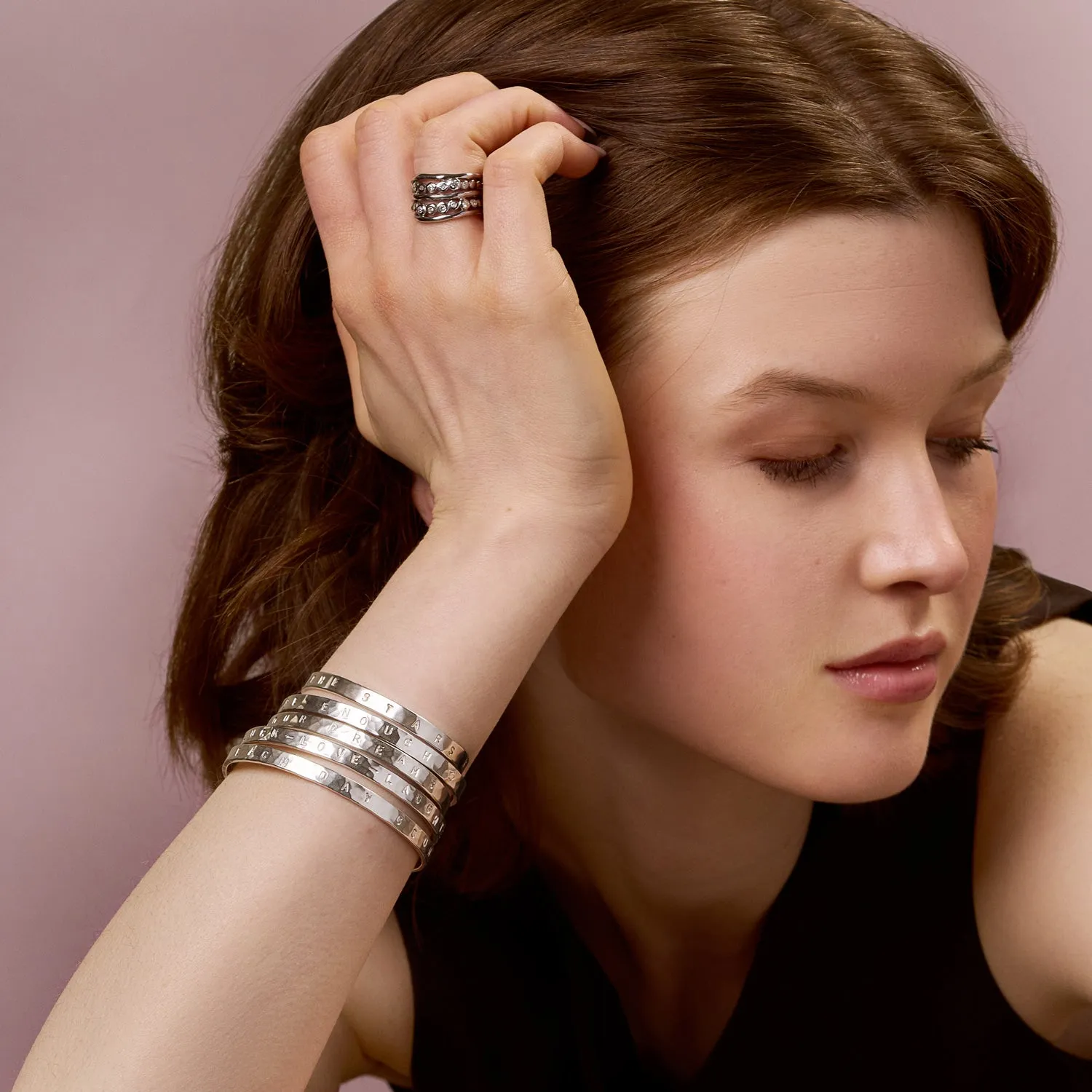 ‘Aim for the Stars’ Hand-Stamped Hammered Nomad Bangle sold by Dower & Hall product image thumbnail 5