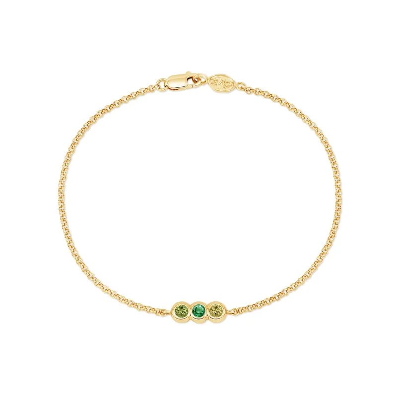 9k Round 3mm Trio Greens Dew Drop Chain Bracelet made by Dower & Hall