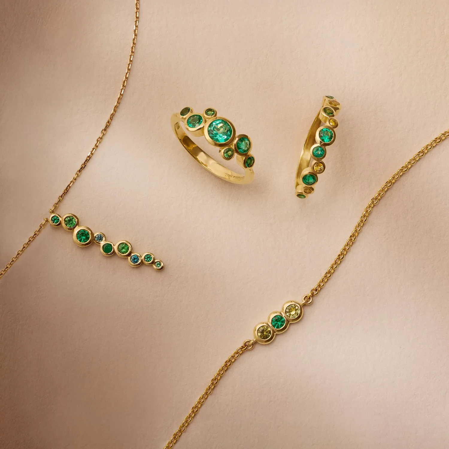 9k Round 3mm Trio Greens Dew Drop Chain Bracelet sold by Dower & Hall product image thumbnail 5