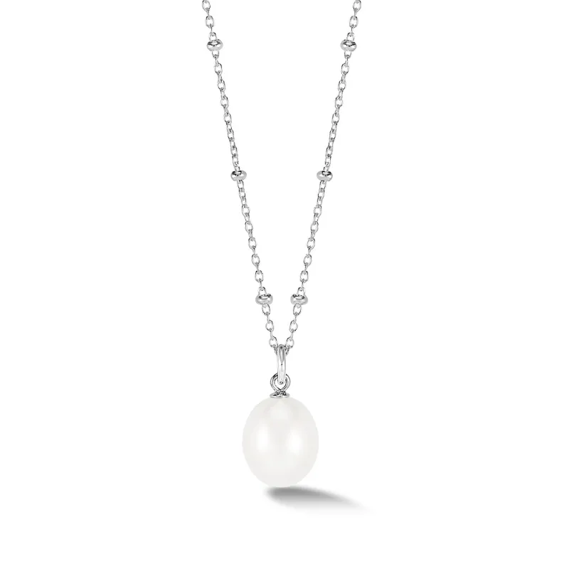 Adjustable Timeless 10mm Oval White Freshwater Pearl Pendant made by Dower & Hall