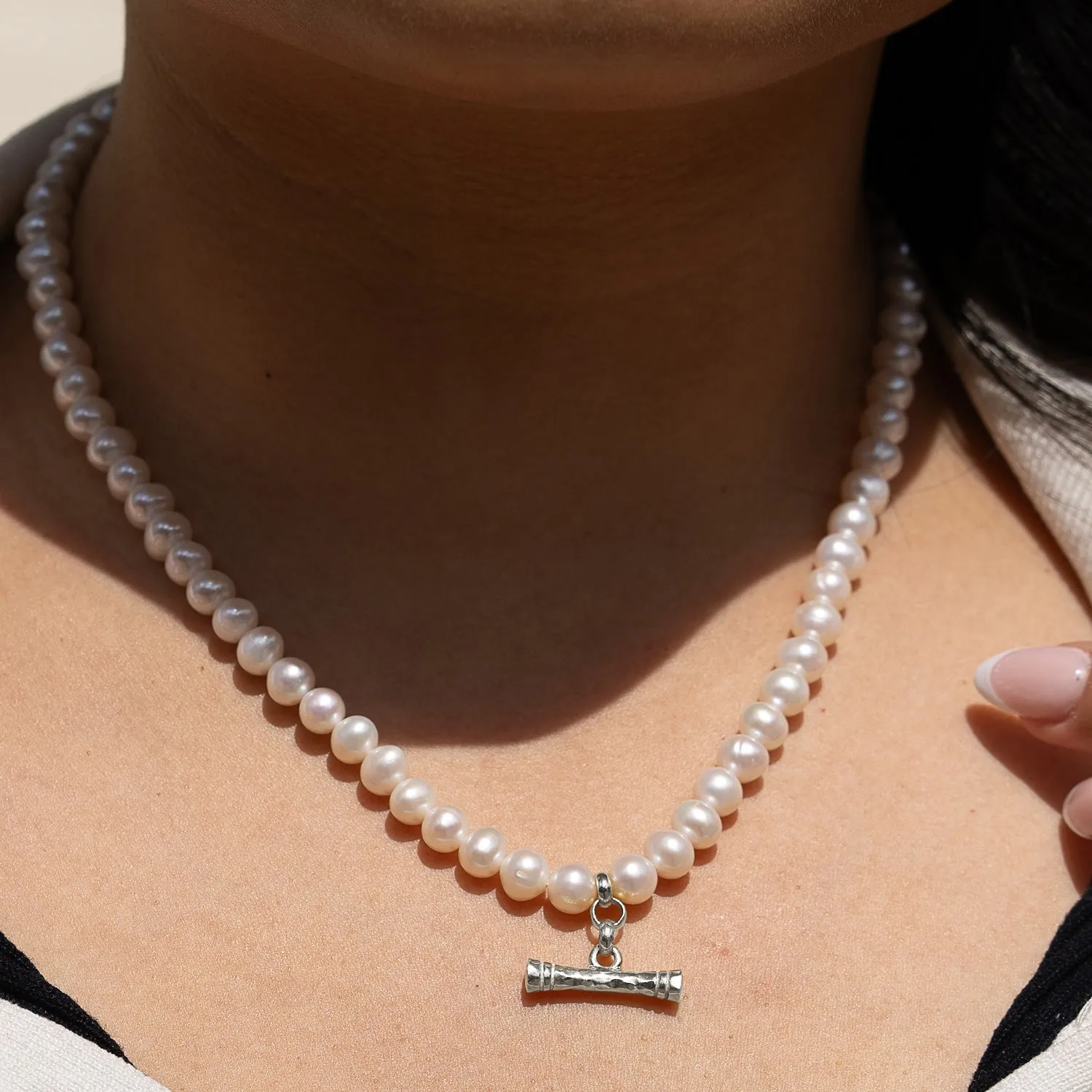 White Pearl Hammered T-Bar Necklace sold by Dower & Hall product image thumbnail 3