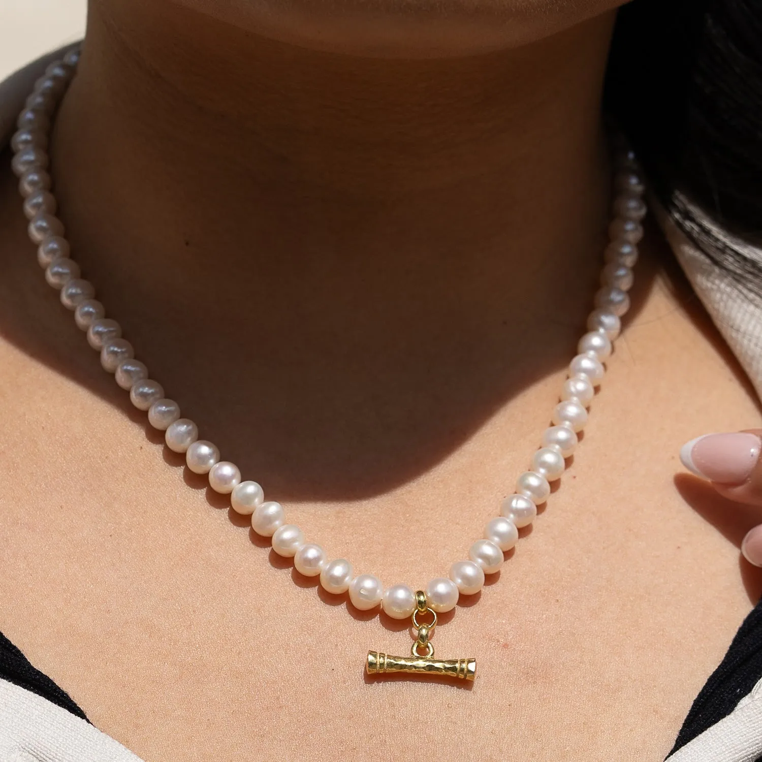 White Pearl Hammered T-Bar Necklace sold by Dower & Hall product image thumbnail 2