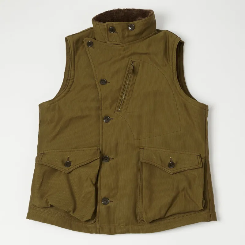 Freewheelers 2231007 ‘Winter Aviators’ Vest - Dark Khaki/Beige sold by Son of a Stag