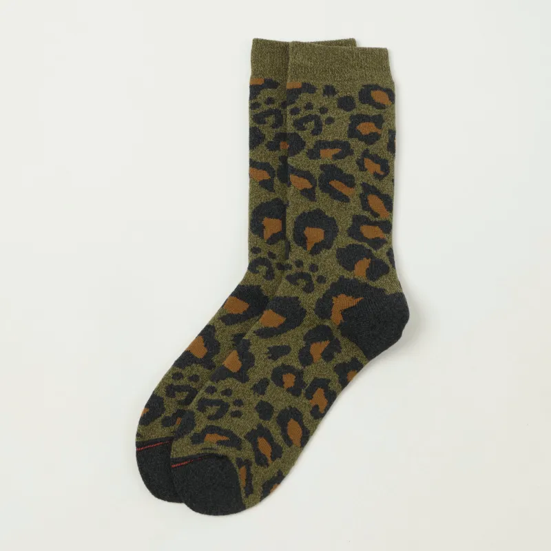 Rototo Pile Leopard Crew Sock - Dark Olive sold by Son of a Stag