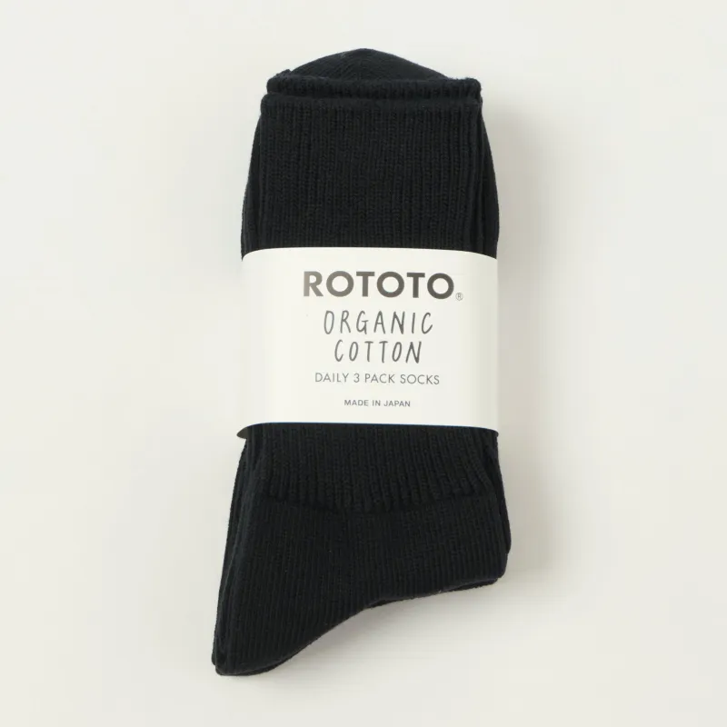 Rototo Organic Daily 3 Pack Ribbed Crew Sock - Black sold by Son of a Stag