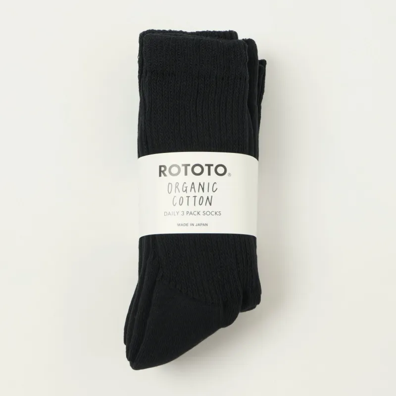 Rototo Organic Daily 3 Pack Crew Socks - Black sold by Son of a Stag
