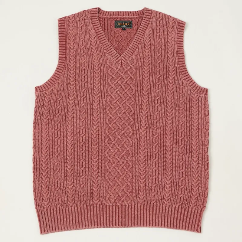 Beams Plus Cotton Aran Vest - Red sold by Son of a Stag
