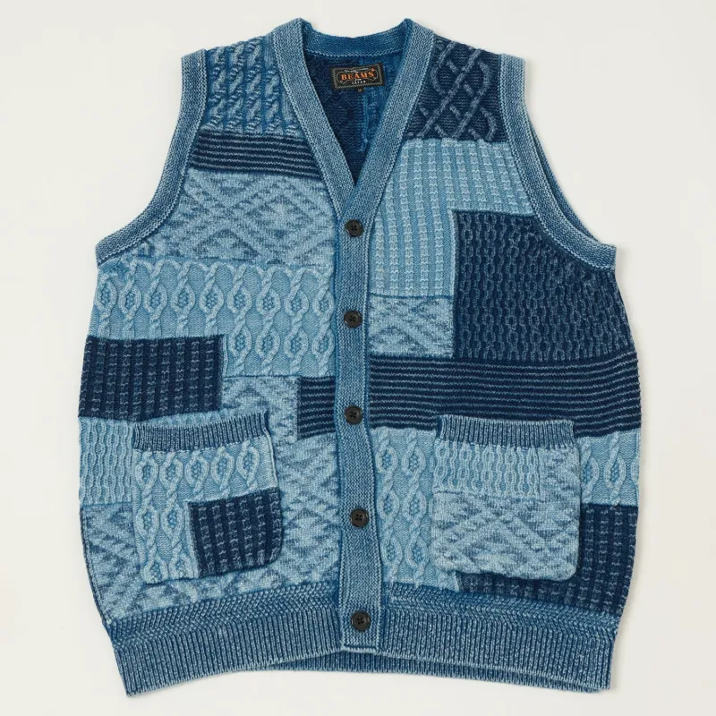 Beams Plus Cable Knit Button Up Vest - Indigo sold by Son of a Stag