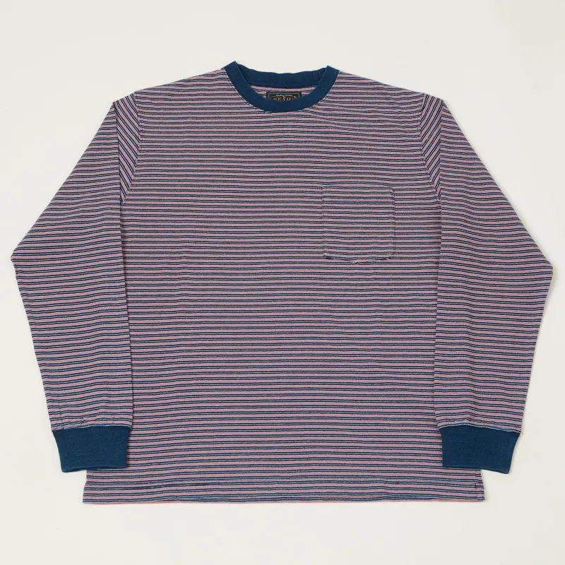 Beams Plus Long Sleeve Stripe Pocket T-Shirt - Indigo/Red sold by Son of a Stag