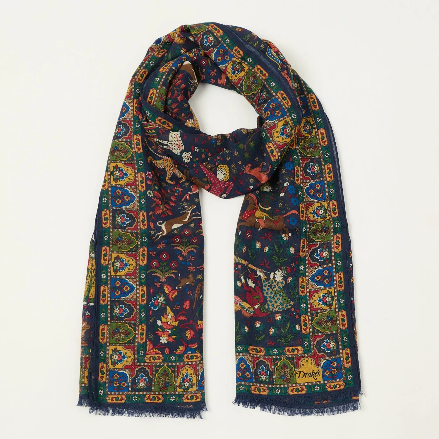 Drake's 'Moghul Garden' Wool/Silk Scarf - Navy sold by Son of a Stag