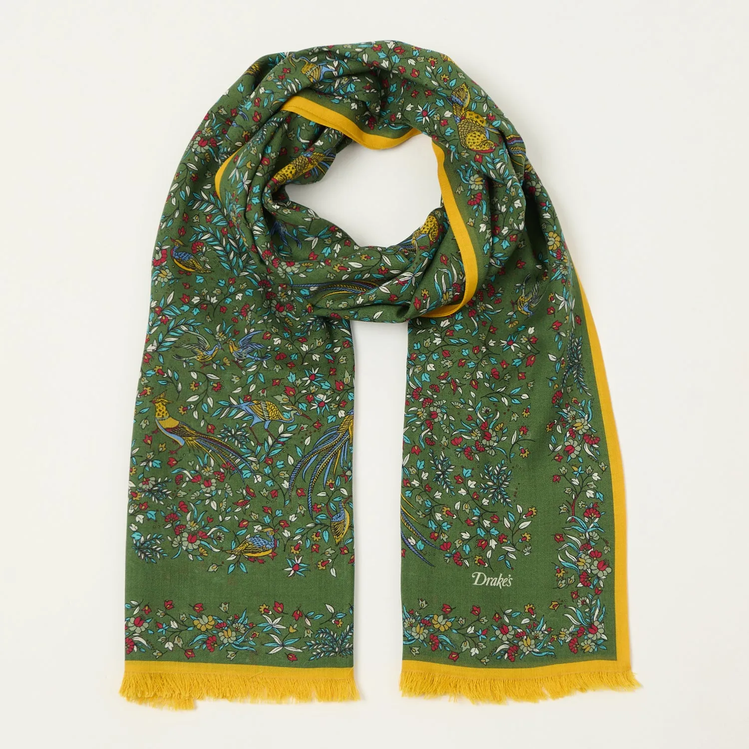 Drake's 'Bird of Paradise' Wool/Silk Tubular Scarf - Green sold by Son of a Stag