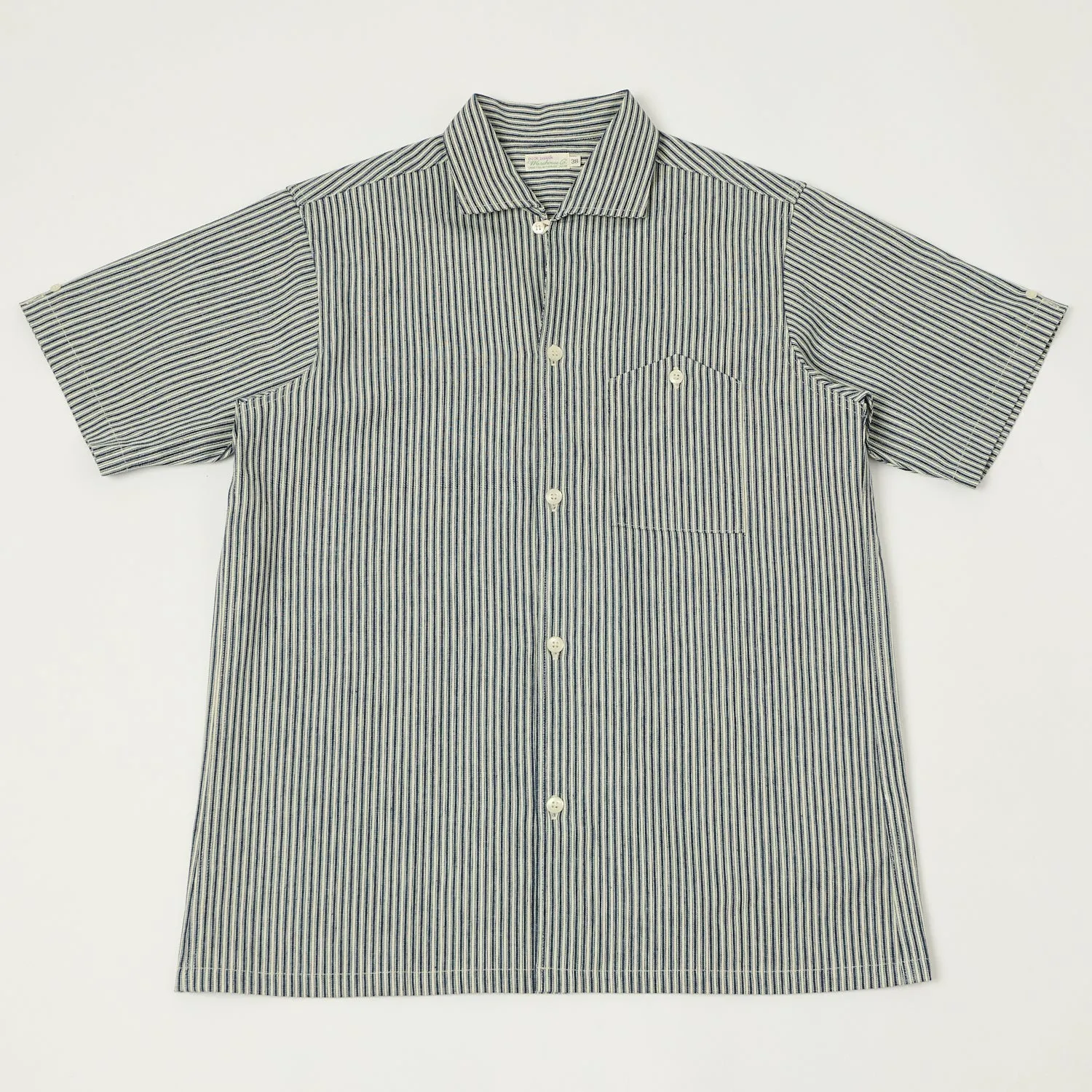 Warehouse & Co 3091 Duck Digger Open Collar Stripe Shirt - White/Navy sold by Son of a Stag