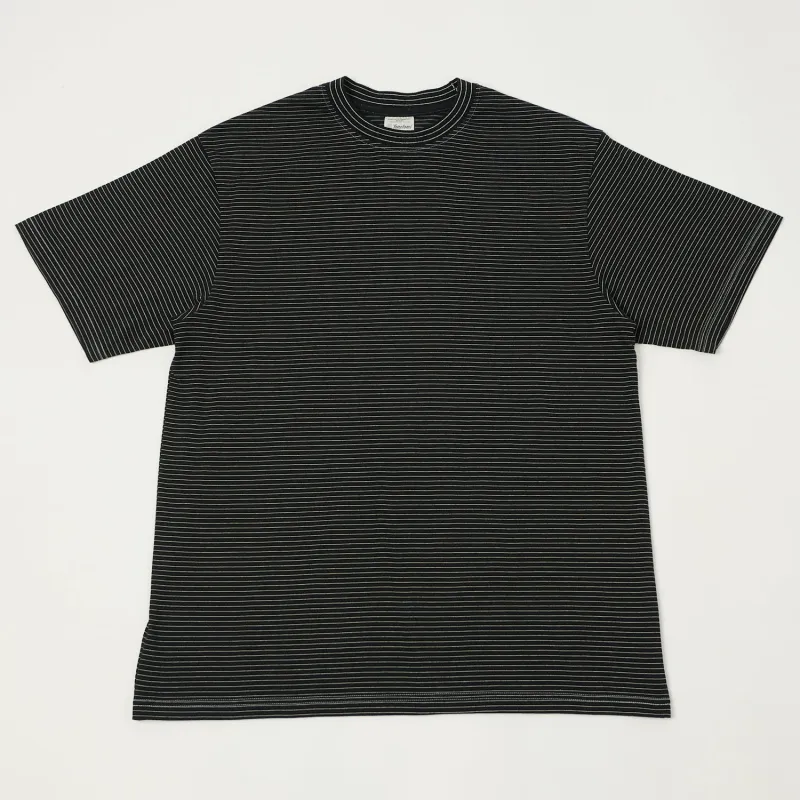Yonetomi 'New Basic' Garment Dyed Stripe T-Shirt - Black sold by Son of a Stag