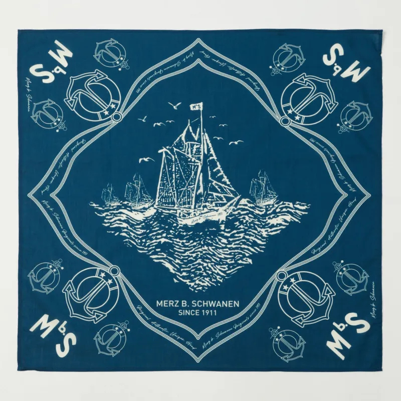 Merz b. Schwanen Ship Print 'Good Basics' Cotton Bandana - Ink Blue sold by Son of a Stag