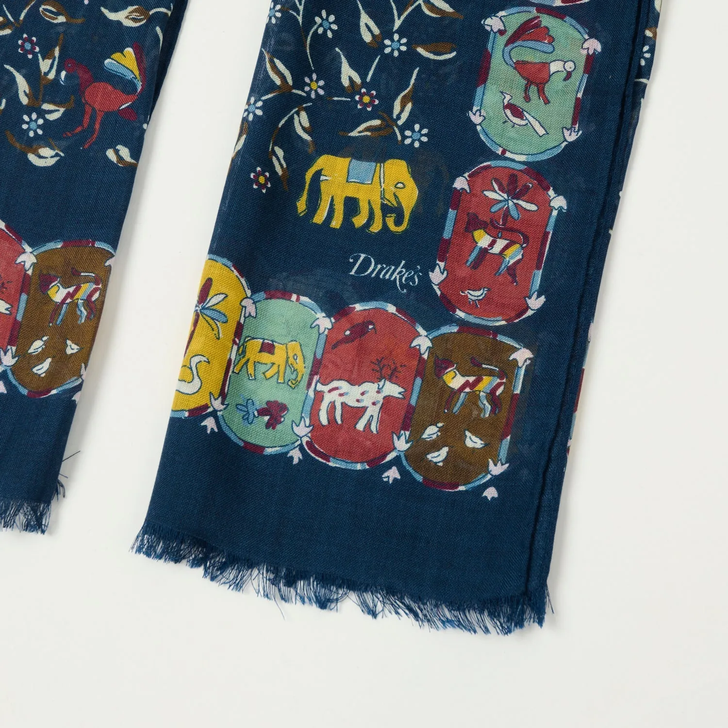 Drake's 'Elephants & Flowers' Wool/Silk Scarf - Navy sold by Son of a Stag product image thumbnail 2