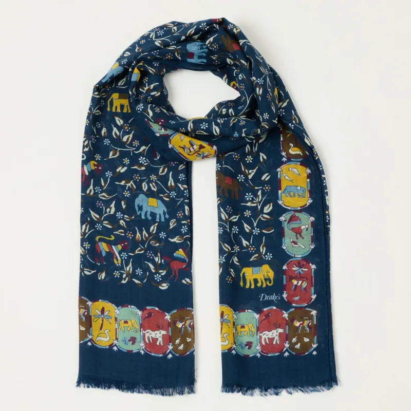 Drake's 'Elephants & Flowers' Wool/Silk Scarf - Navy sold by Son of a Stag