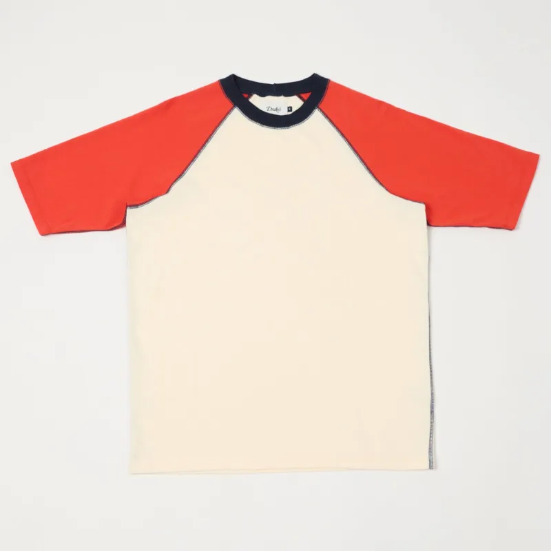 Drake's Raglan Sleeve Hiking Tee - Ecru/Red sold by Son of a Stag