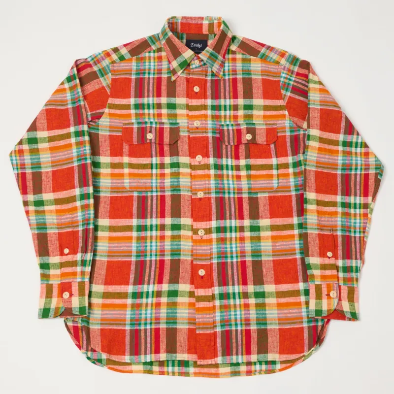 Drake's Cotton Linen Madras Work Shirt - Red/Orange/Green sold by Son of a Stag