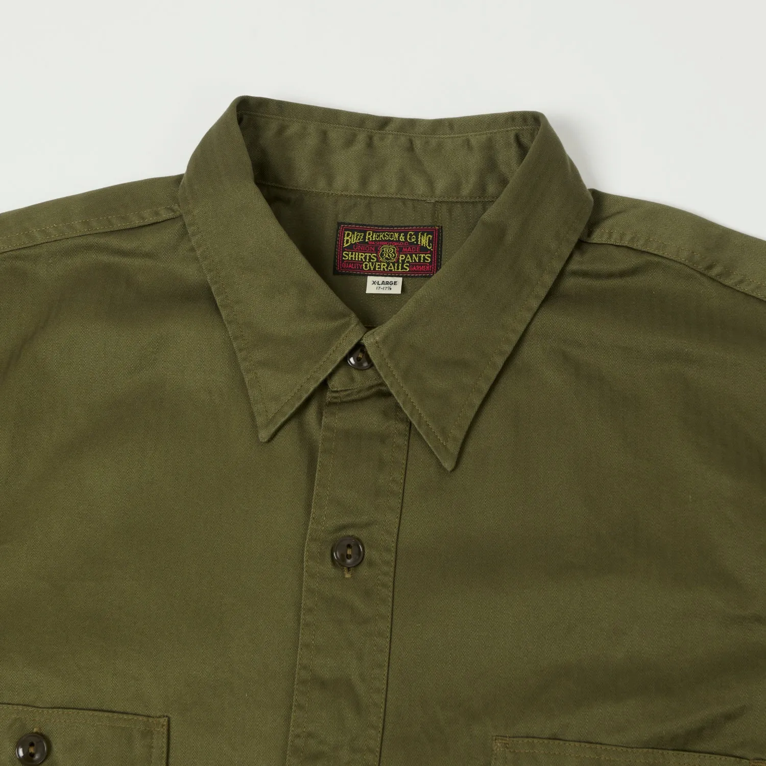 Buzz Rickson's Herringbone Open Pocket Work Shirt - Olive sold by Son of a Stag product image thumbnail 2