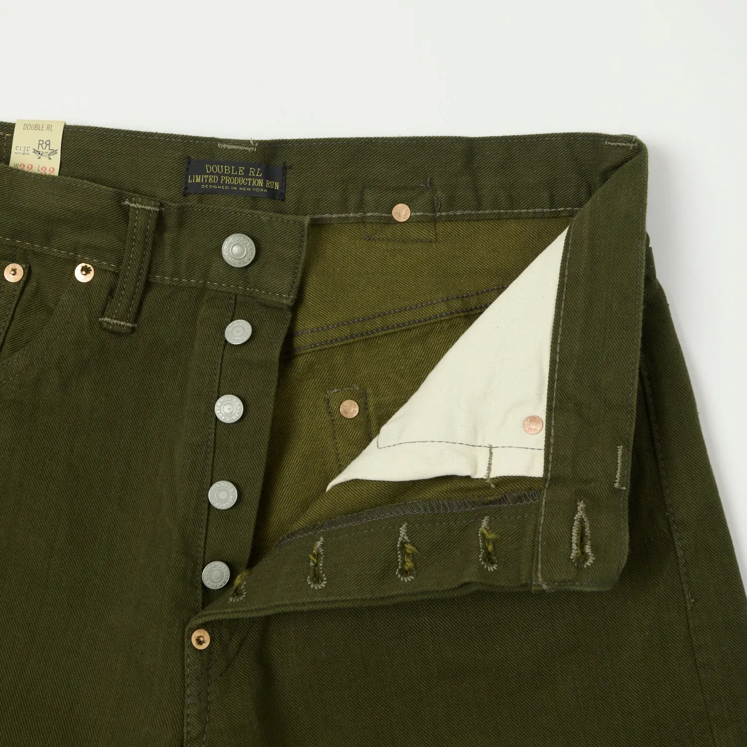 RRL Limited Edition Olive Regular Straight Jean - One Wash sold by Son of a Stag product image thumbnail 2
