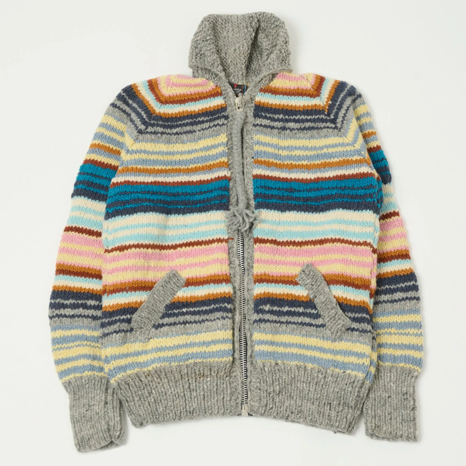 Chamula Merino Wool Multi Stripe Zip Through Cardigan - Pearl Grey/Multi sold by Son of a Stag
