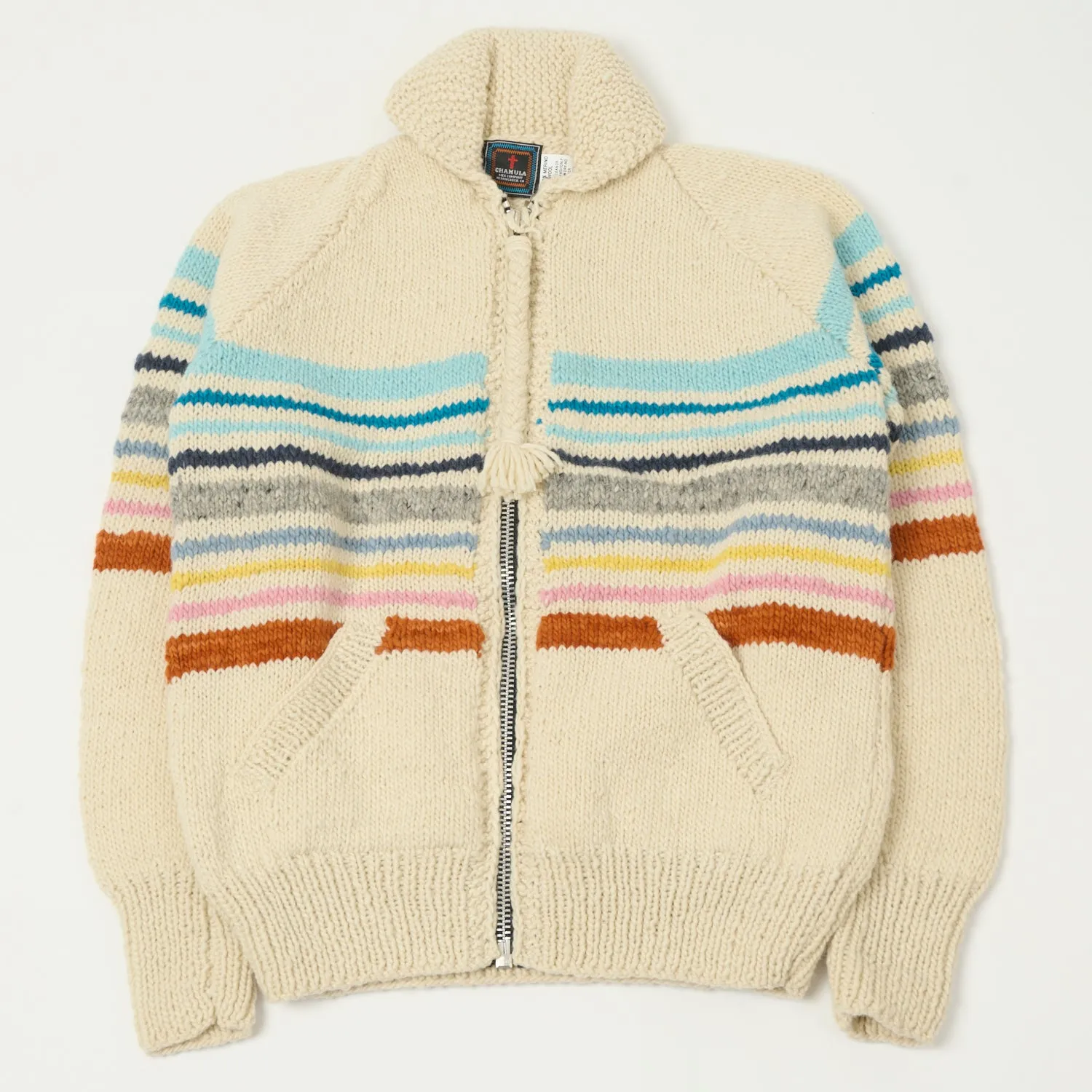 Chamula Merino Wool Multi Stripe Zip Through Cardigan - Ivory/Multi sold by Son of a Stag