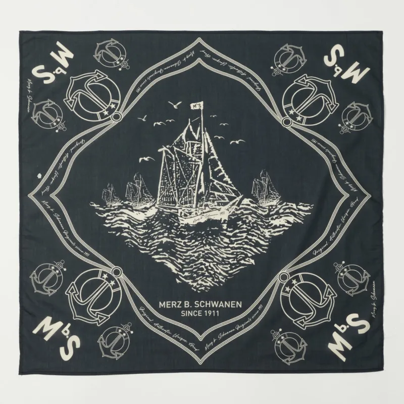 Merz b. Schwanen Ship Print Cotton Bandana - Charcoal sold by Son of a Stag