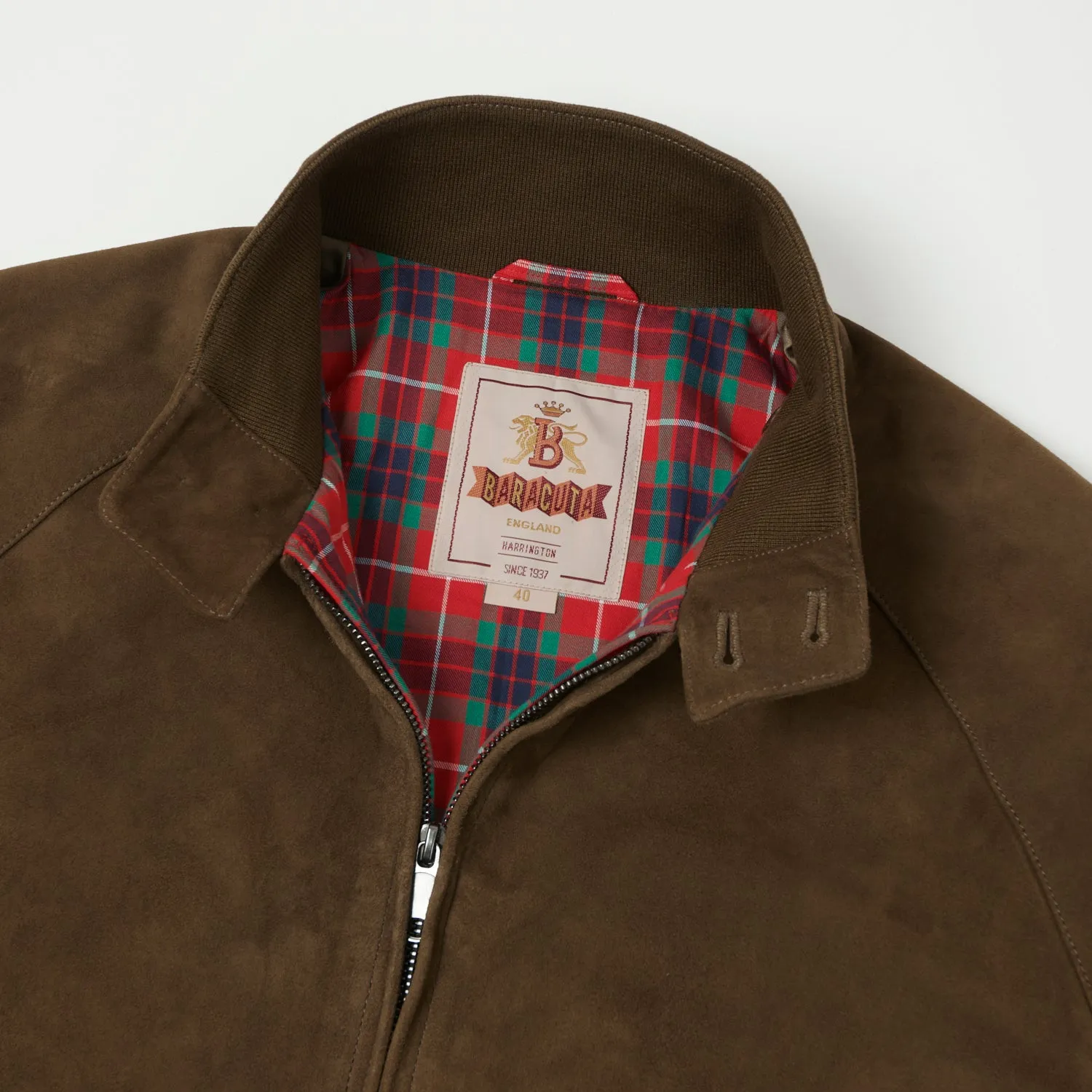 Baracuta G9 Suede Harrington Jacket - Dark Olive sold by Son of a Stag product image thumbnail 2