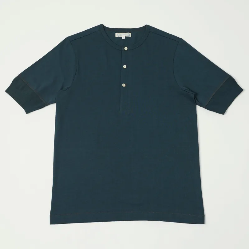Merz b. Schwanen 207 Short Sleeve Henley - Mineral Blue sold by Son of a Stag
