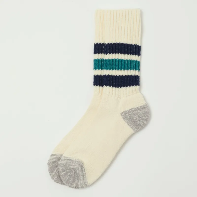 RoToTo Coarse Ribbed Oldschool Crew Sock - Navy Blue/New Green sold by Son of a Stag