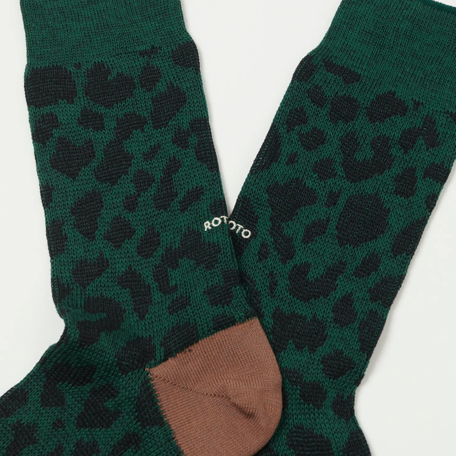 RoToTo Organic Cotton & Recycled Polyester Leopard Crew Sock - Dark Green/Brown sold by Son of a Stag product image thumbnail 2