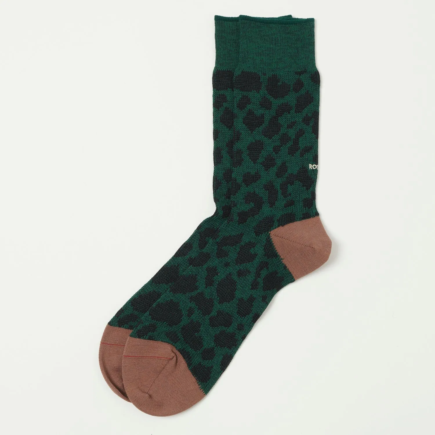 RoToTo Organic Cotton & Recycled Polyester Leopard Crew Sock - Dark Green/Brown sold by Son of a Stag