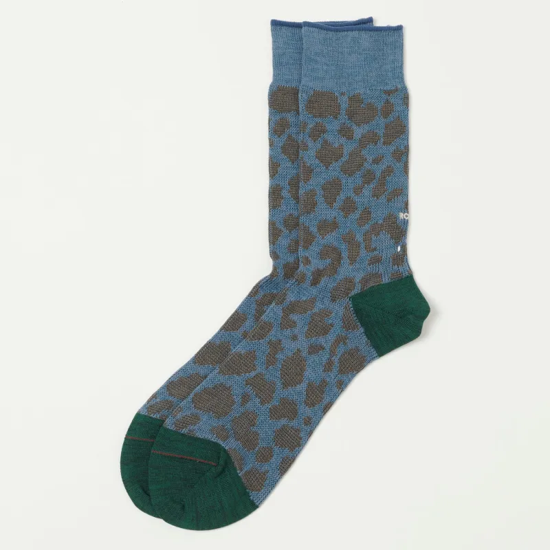 RoToTo Organic Cotton & Recycled Polyester Leopard Crew Sock - Light Blue/Dark Green sold by Son of a Stag