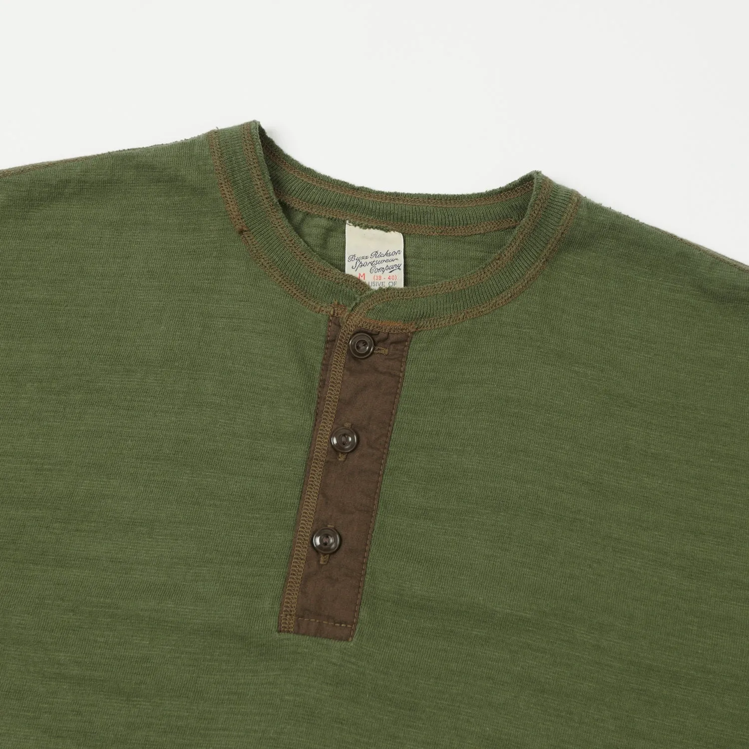 Buzz Rickson's Slub Henley T-Shirt - Olive sold by Son of a Stag product image thumbnail 2