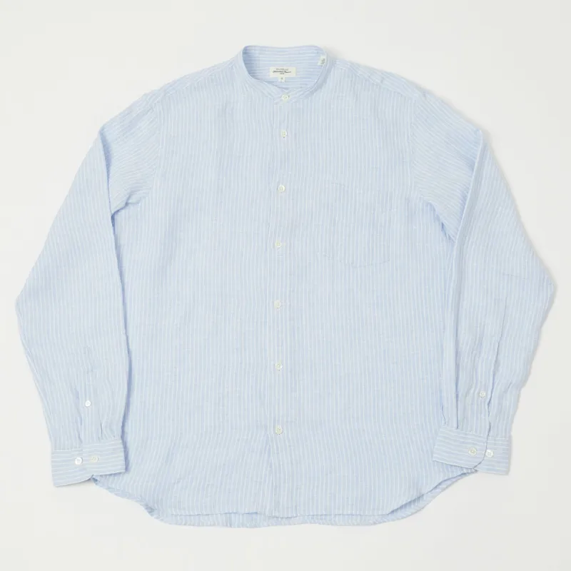 Hartford 'Premium Pat' Grandad-Collar Linen Shirt - Blue Stripe sold by Son of a Stag