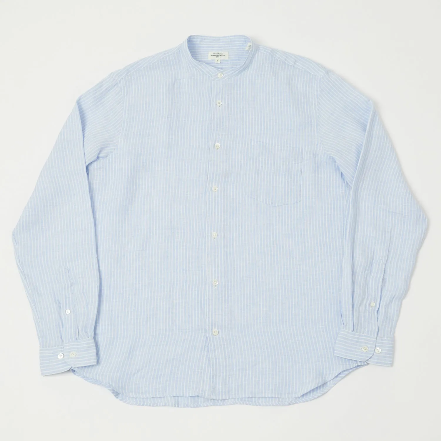 Hartford 'Premium Pat' Grandad-Collar Linen Shirt - Blue Stripe sold by Son of a Stag