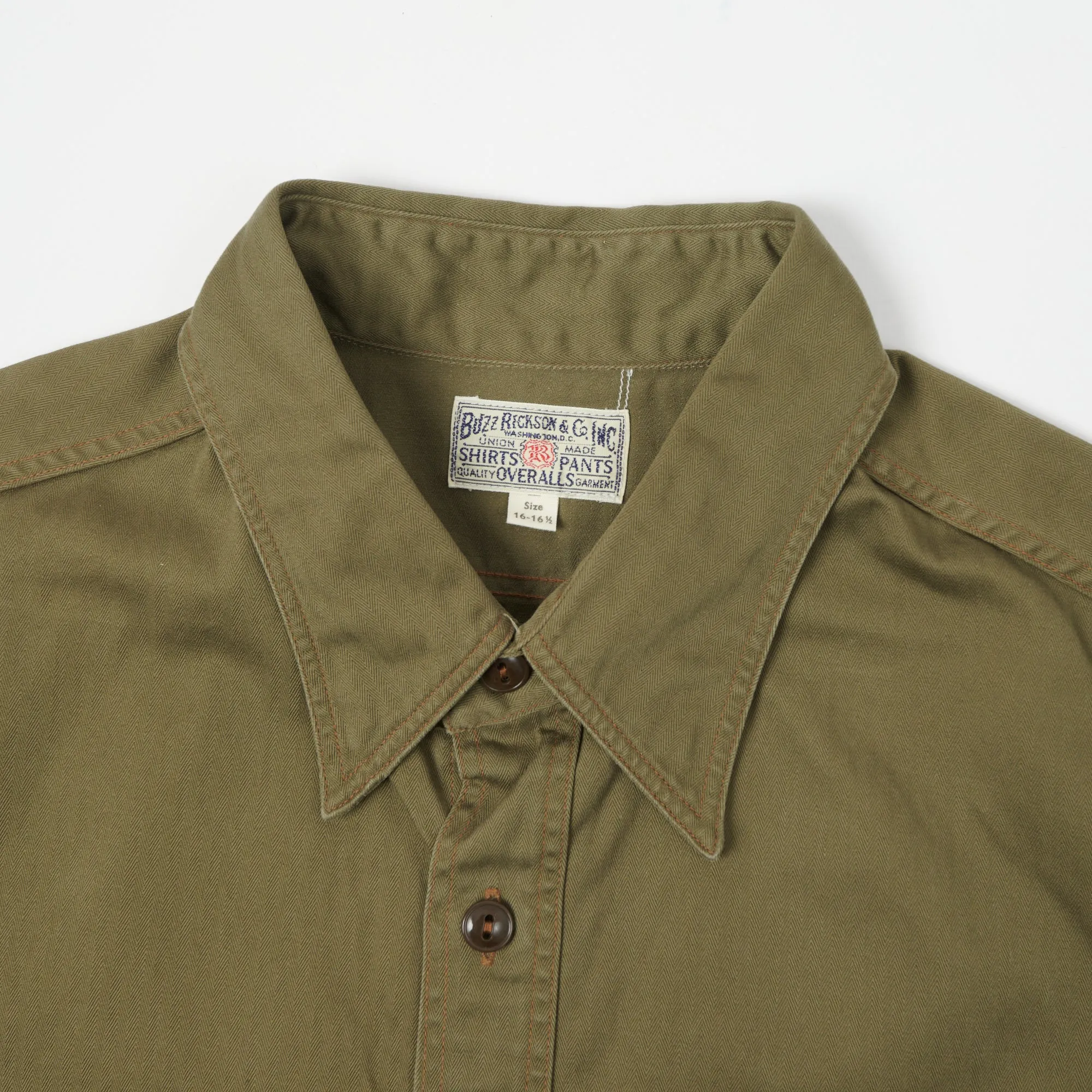 Buzz Rickson's Short Sleeve Herringbone Work Shirt - Olive sold by Son of a Stag product image thumbnail 2