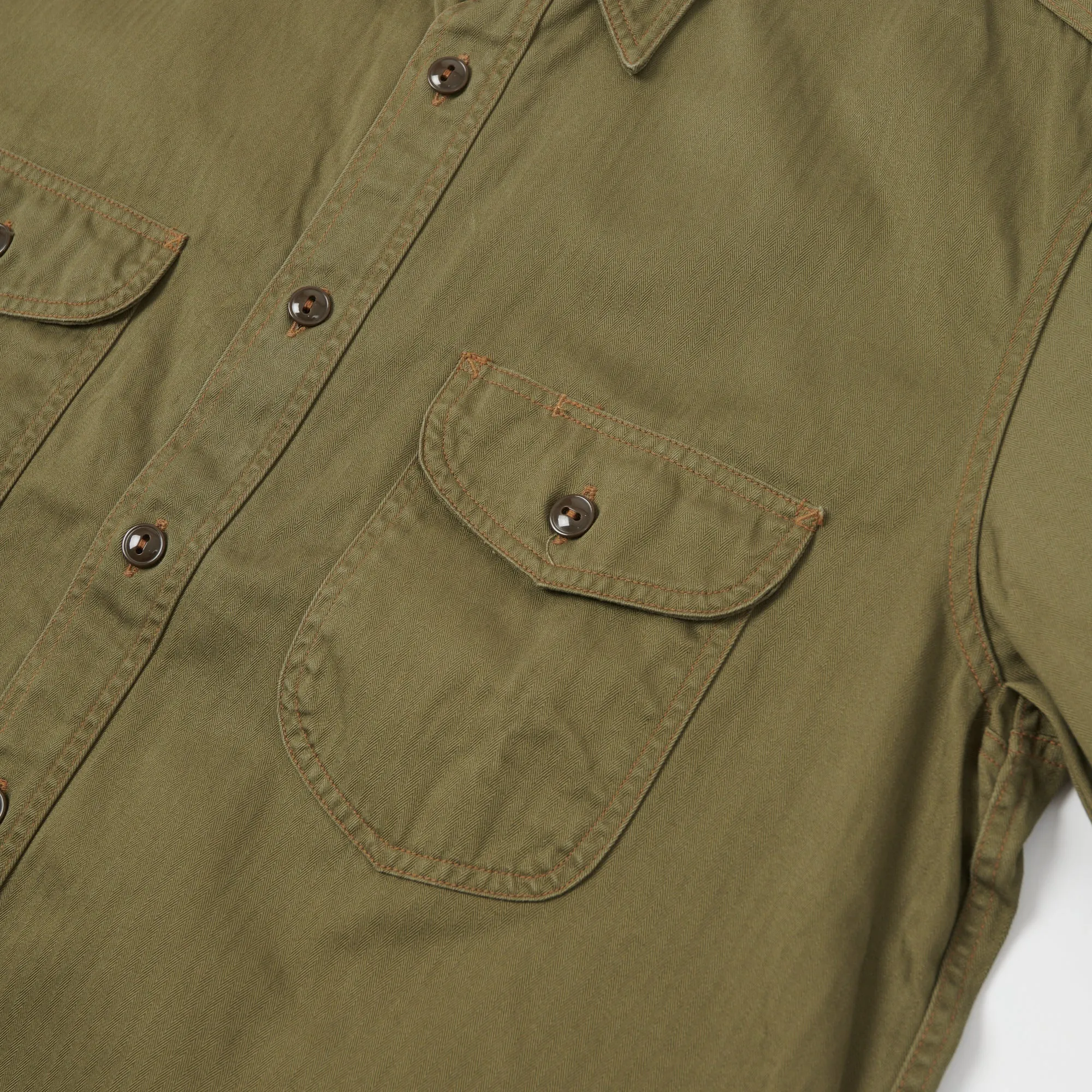 Buzz Rickson's Short Sleeve Herringbone Work Shirt - Olive sold by Son of a Stag product image thumbnail 3