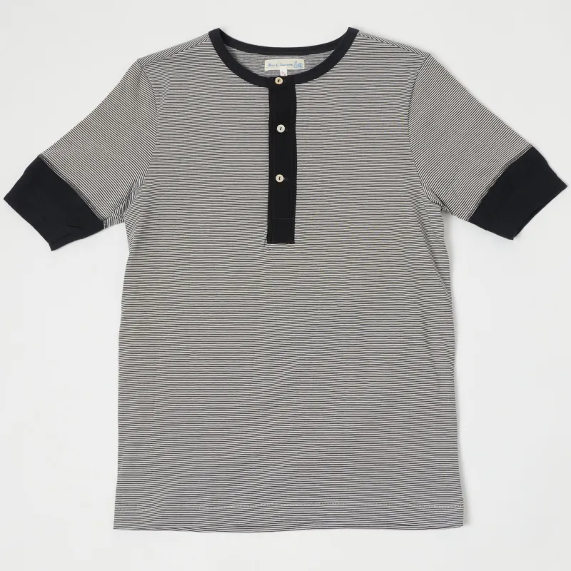 Merz b. Schwanen 227 Short Sleeve Striped Henley - Charcoal/Nature sold by Son of a Stag