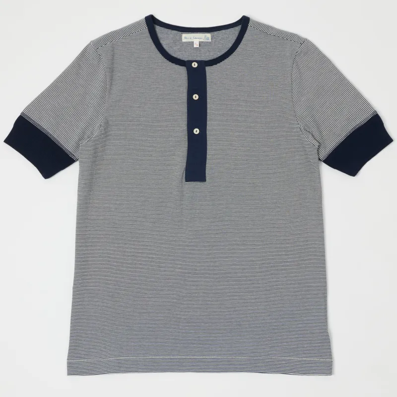 Merz b. Schwanen 227 Short Sleeve Striped Henley - Ink Blue/Nature sold by Son of a Stag