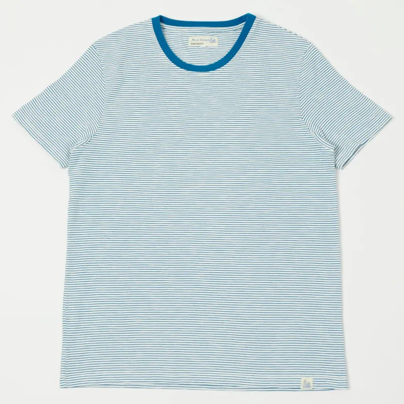 Merz b. Schwanen 'Good Basics' Lightweight Stripe T-Shirt - White/Aqua sold by Son of a Stag