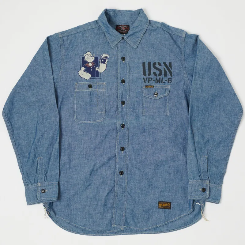 TOYS McCOY 'Popeye' Print Military Chambray Shirt - Blue sold by Son of a Stag