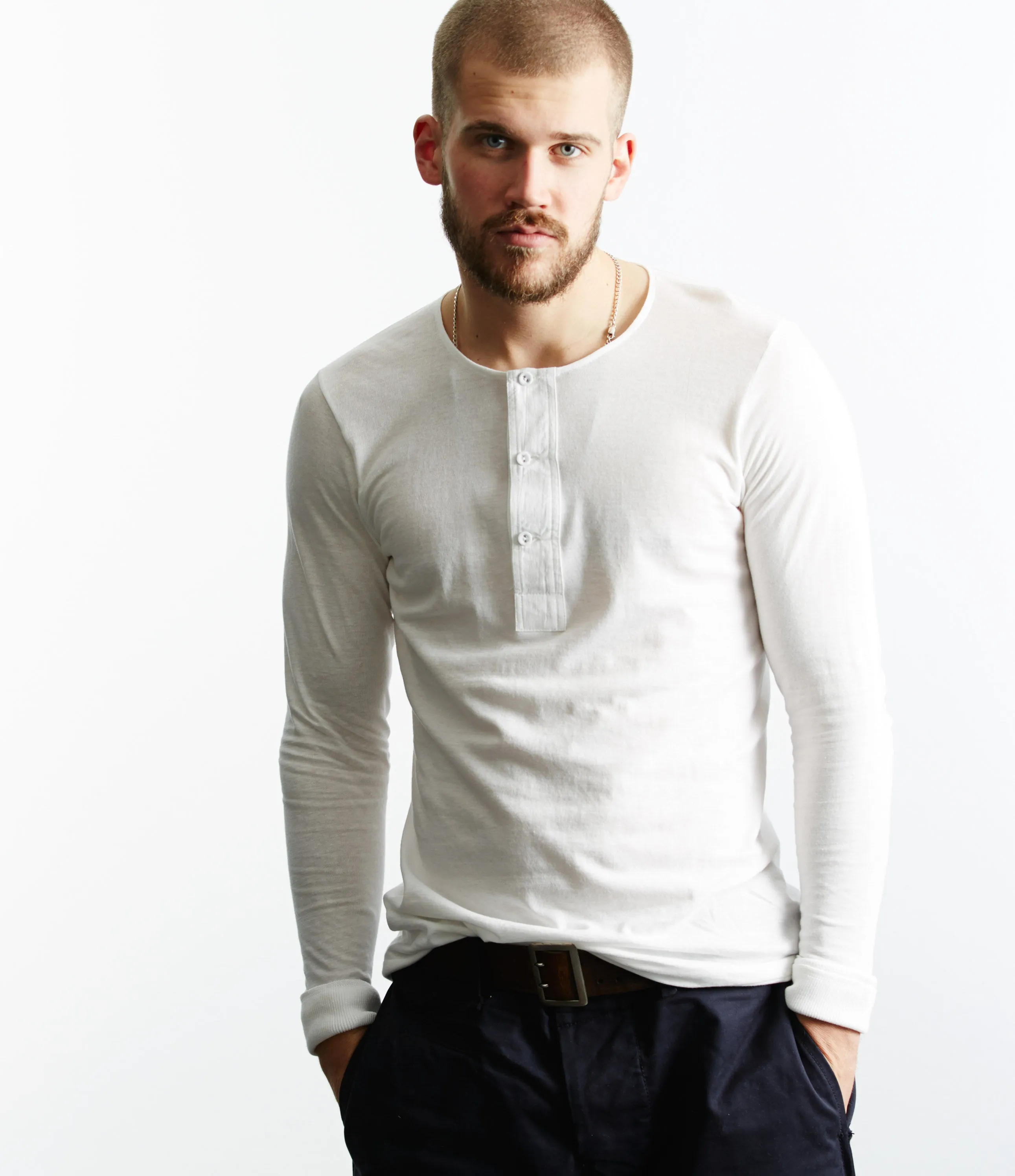 Merz b. Schwanen 102 Lightweight Long Sleeve Henley - White sold by Son of a Stag product image thumbnail 4