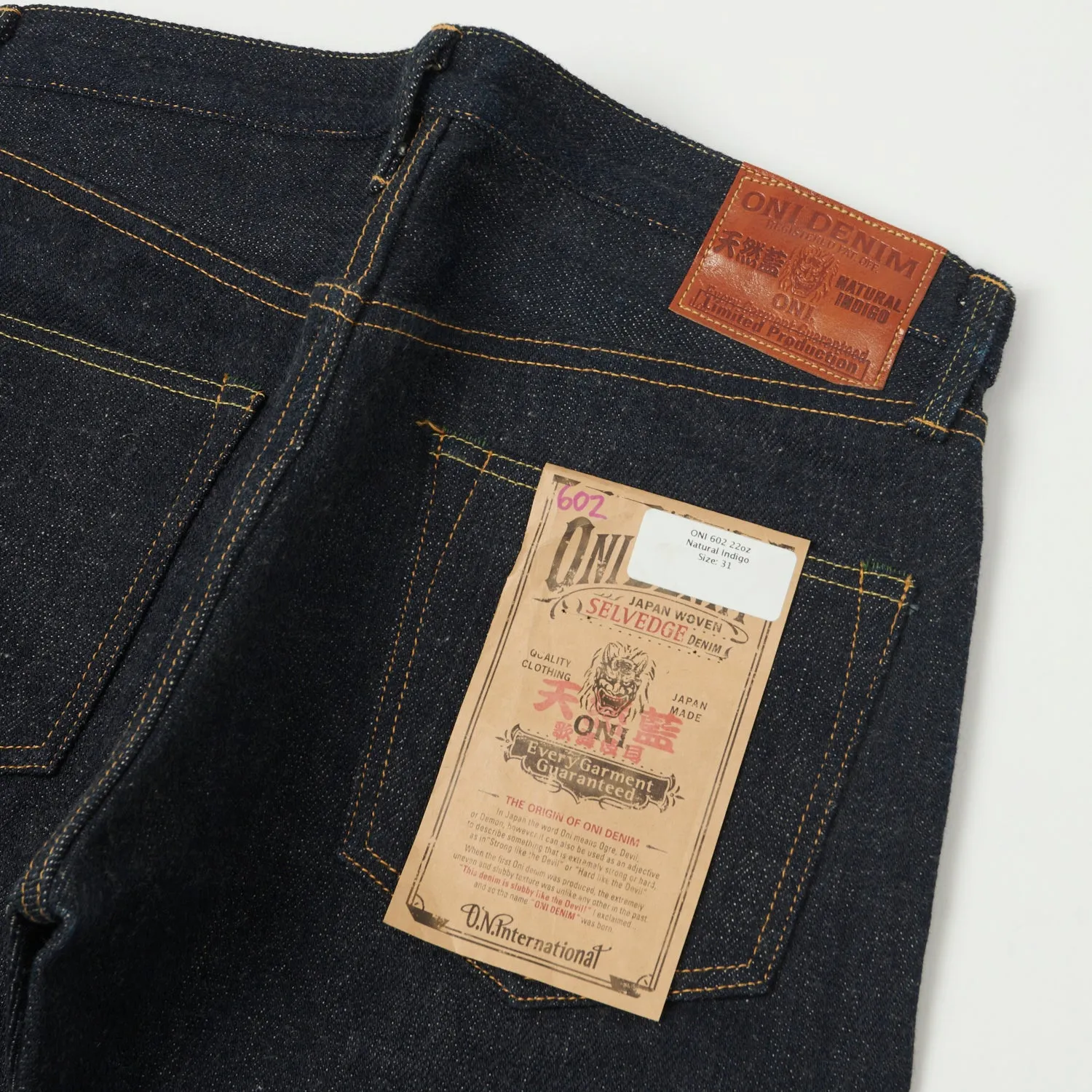 ONI Denim 602 Natural Indigo 22oz Regular Tapered Jean - Raw sold by Son of a Stag product image thumbnail 2